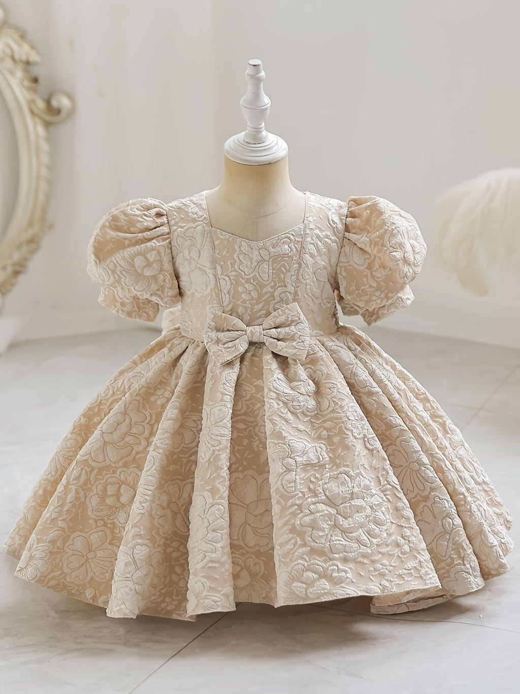 Robe de princesse élégante à col en V pour filles - Toutes saisons, manches lanternes, ourlet évasé et joli nœud, parfaite pour les fêtes, les concours de beauté et les anniversaires