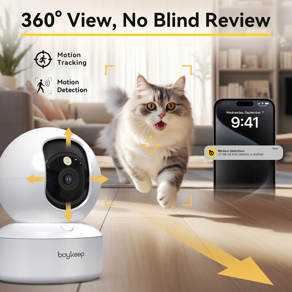 2pc, BoyKeep 5g/2.4ghz WiFi Smart Camera, 2K High-definition Indoor Safety Monitor, Special Safety Camera For Pets, 360° Panoramic Surveillance Video, Night Vision, Two-way Calls, Cloud Storage