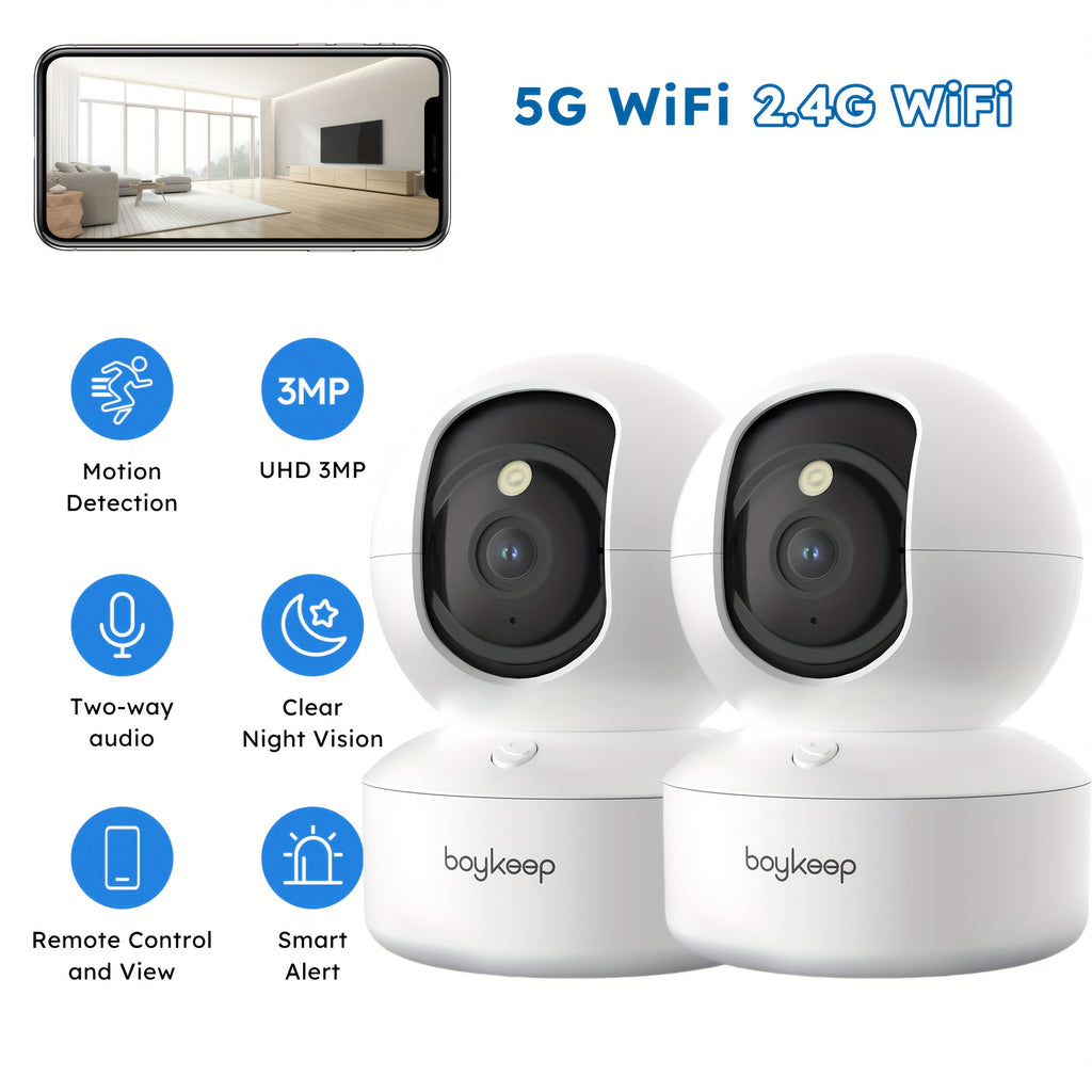 2pc, BoyKeep 5g/2.4ghz WiFi Smart Camera, 2K High-definition Indoor Safety Monitor, Special Safety Camera For Pets, 360° Panoramic Surveillance Video, Night Vision, Two-way Calls, Cloud Storage