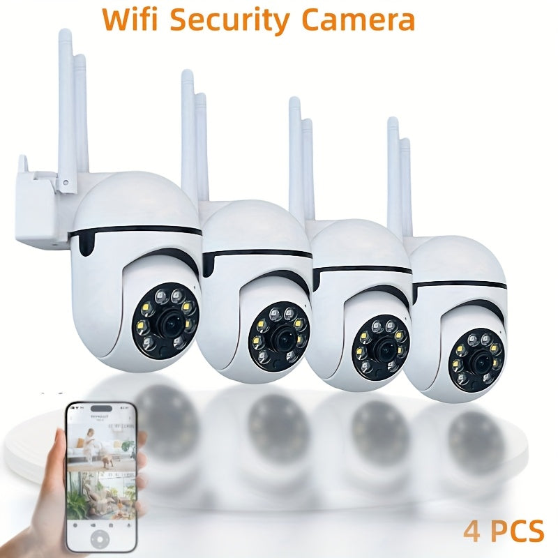 4pcs 1080P WiFi Security Camera with Full Color Night Vision, Spotlight & Siren, 2-Way Audio for Indoor & Outdoor Home Security System, Pan/Tilt/Zoom, WiFi Enabled, Motion Tracking - Ideal for Youngsters, Elderly & Pets, Comp