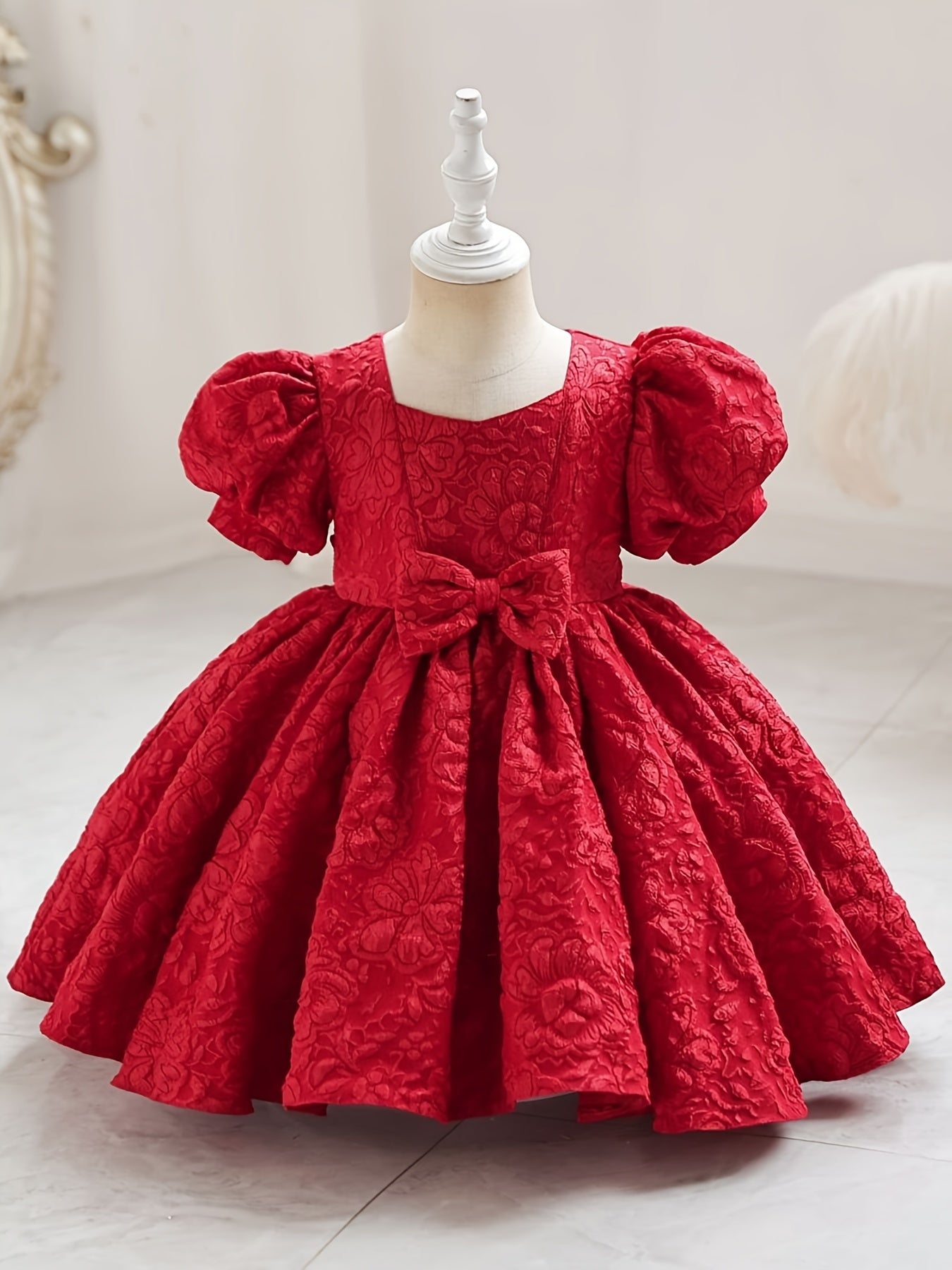 Robe de princesse élégante à col en V pour filles - Toutes saisons, manches lanternes, ourlet évasé et joli nœud, parfaite pour les fêtes, les concours de beauté et les anniversaires