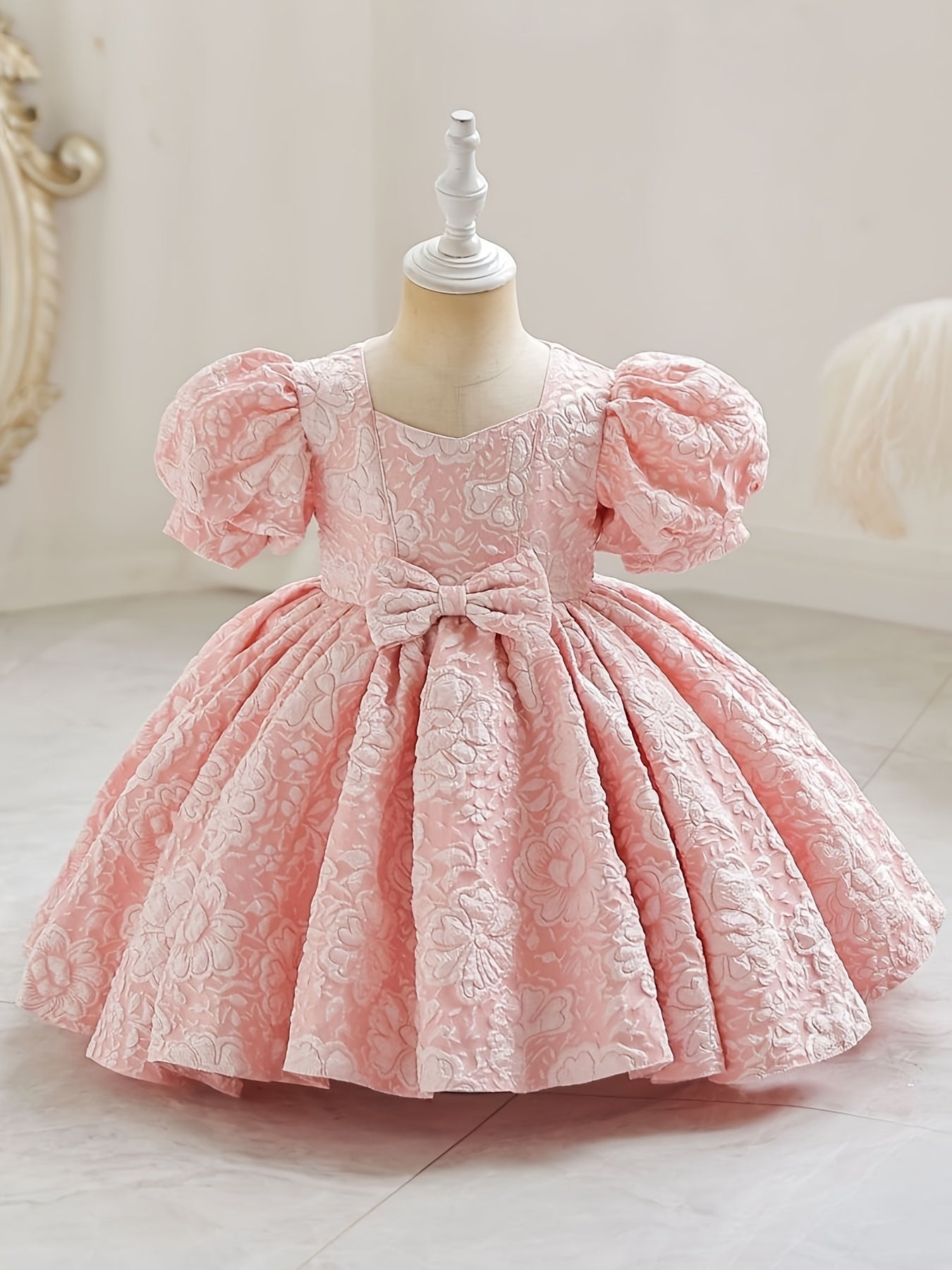 Robe de princesse élégante à col en V pour filles - Toutes saisons, manches lanternes, ourlet évasé et joli nœud, parfaite pour les fêtes, les concours de beauté et les anniversaires