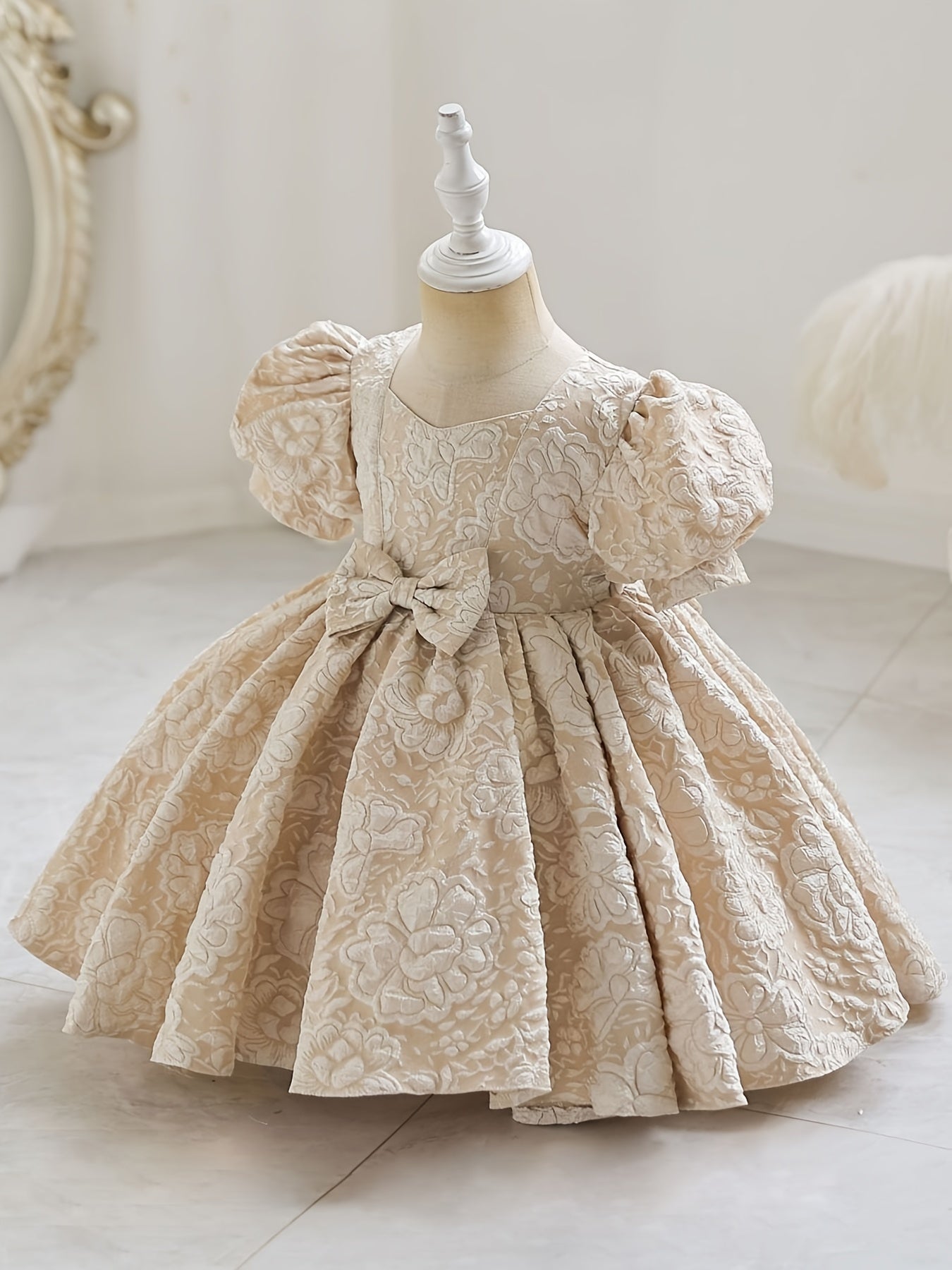 Robe de princesse élégante à col en V pour filles - Toutes saisons, manches lanternes, ourlet évasé et joli nœud, parfaite pour les fêtes, les concours de beauté et les anniversaires