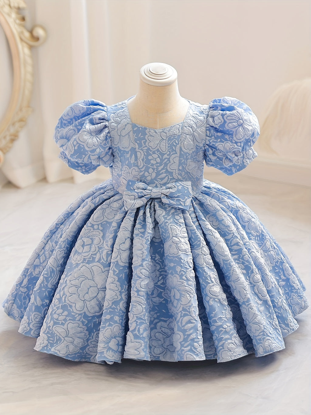 Robe de princesse élégante à col en V pour filles - Toutes saisons, manches lanternes, ourlet évasé et joli nœud, parfaite pour les fêtes, les concours de beauté et les anniversaires