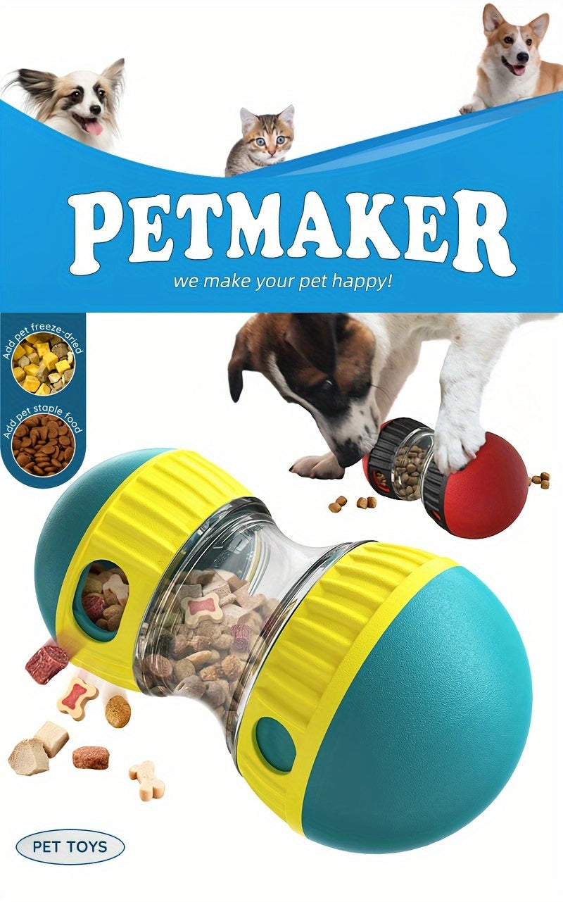Rotating Rolling Slow Feeder Dog Toy - Interactive Treat Dispenser for Small Dogs, Durable Plastic Mental Stimulation Toy with Two Compartments, Blue & Yellow Design, No Batteries Needed, Interactive Dog Toy, Mental Enrichmen