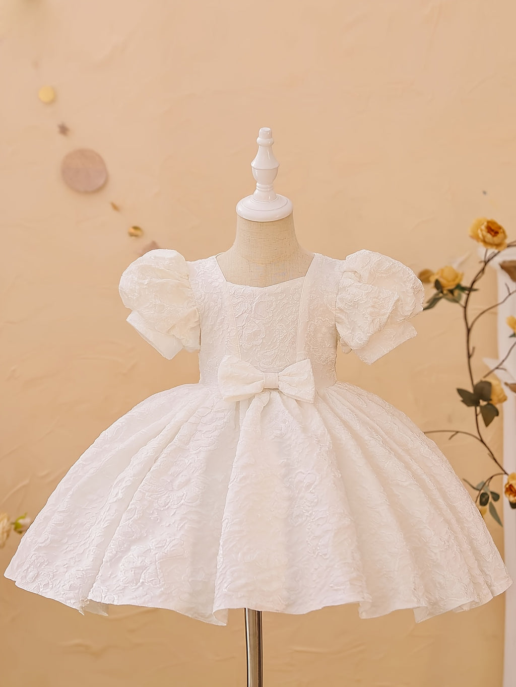Robe de princesse élégante à col en V pour filles - Toutes saisons, manches lanternes, ourlet évasé et joli nœud, parfaite pour les fêtes, les concours de beauté et les anniversaires