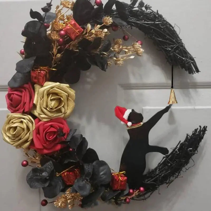 Nouvelles couronnes de Noël pour porte d'entrée, branches fleuries, décorations de Noël, couronne de lune d'Halloween avec chat noir