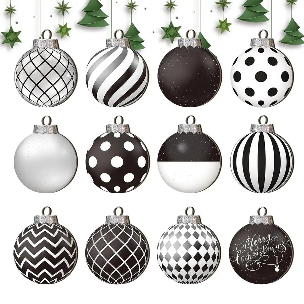 Lot de 12 boules de Noël plates 2D noires et blanches, décoration pour sapin de Noël, boules de Noël naines en bois, décoration intérieure, cadeau de Nouvel An