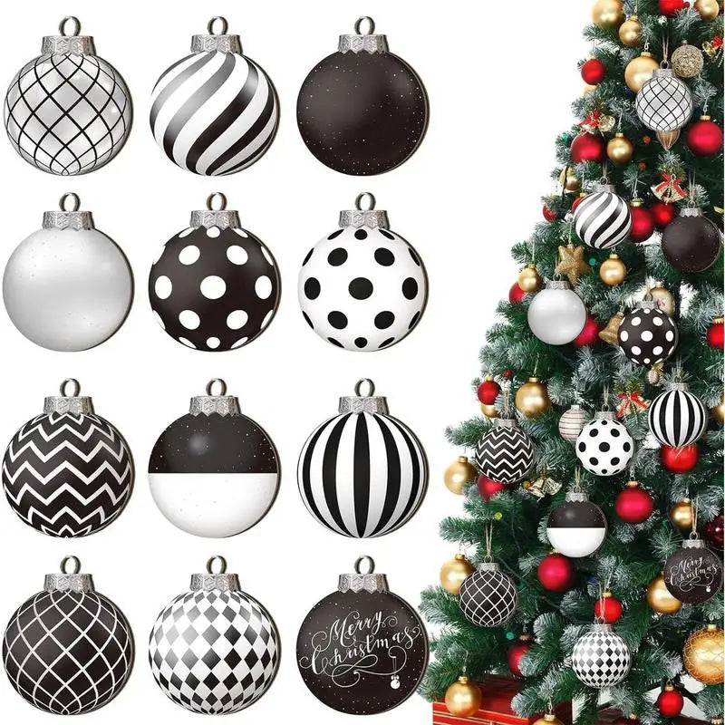 Lot de 12 boules de Noël plates 2D noires et blanches, décoration pour sapin de Noël, boules de Noël naines en bois, décoration intérieure, cadeau de Nouvel An