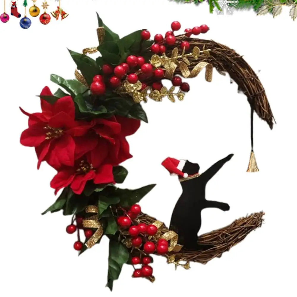 Nouvelles couronnes de Noël pour porte d'entrée, branches fleuries, décorations de Noël, couronne de lune d'Halloween avec chat noir