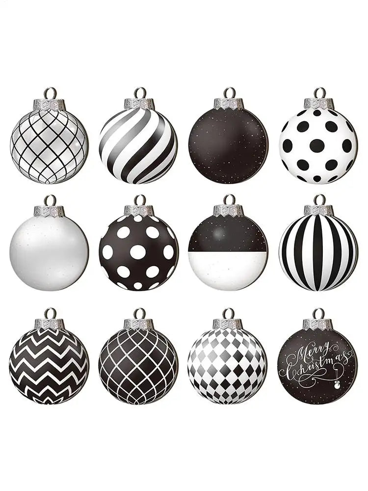 Lot de 12 boules de Noël plates 2D noires et blanches, décoration pour sapin de Noël, boules de Noël naines en bois, décoration intérieure, cadeau de Nouvel An
