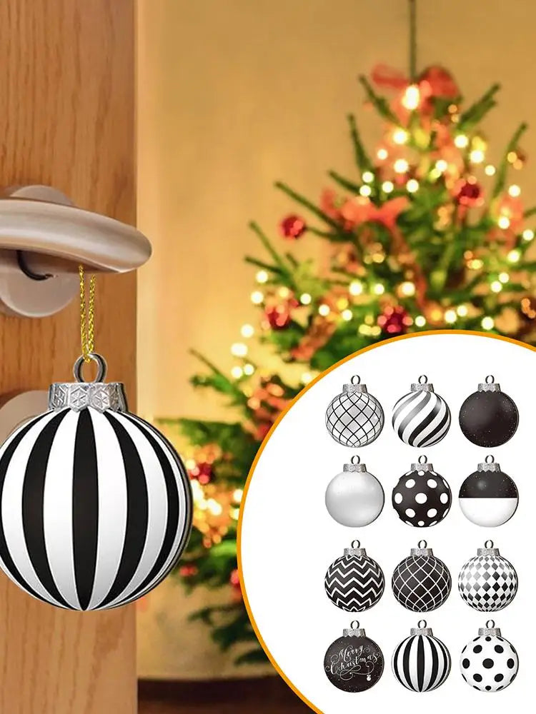 Lot de 12 boules de Noël plates 2D noires et blanches, décoration pour sapin de Noël, boules de Noël naines en bois, décoration intérieure, cadeau de Nouvel An