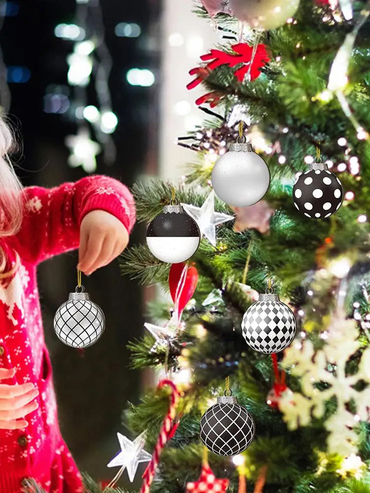 Lot de 12 boules de Noël plates 2D noires et blanches, décoration pour sapin de Noël, boules de Noël naines en bois, décoration intérieure, cadeau de Nouvel An