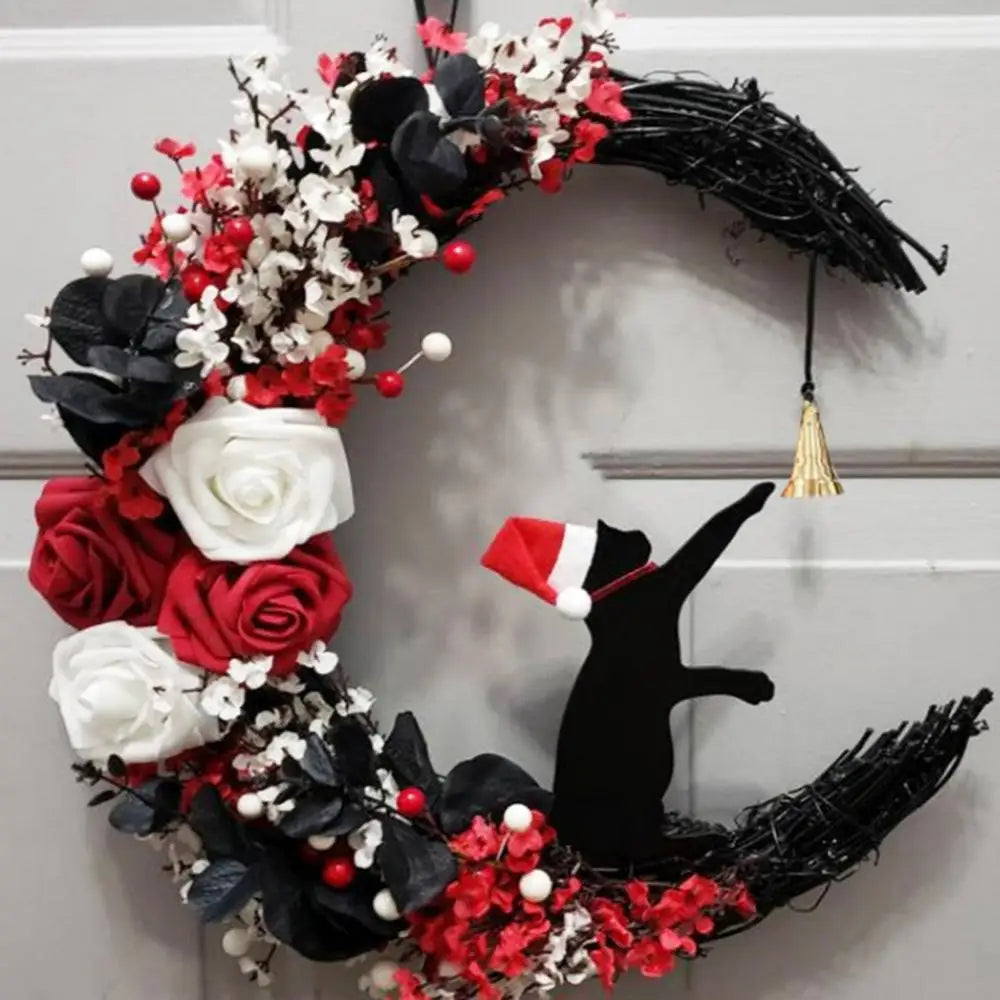 Nouvelles couronnes de Noël pour porte d'entrée, branches fleuries, décorations de Noël, couronne de lune d'Halloween avec chat noir
