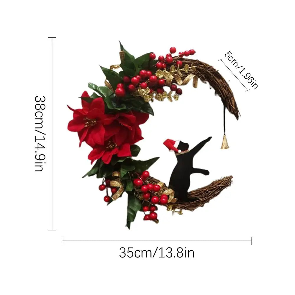 Nouvelles couronnes de Noël pour porte d'entrée, branches fleuries, décorations de Noël, couronne de lune d'Halloween avec chat noir