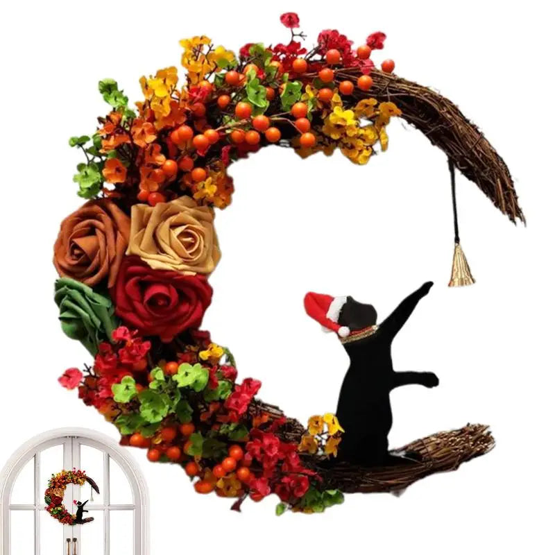 Nouvelles couronnes de Noël pour porte d'entrée, branches fleuries, décorations de Noël, couronne de lune d'Halloween avec chat noir