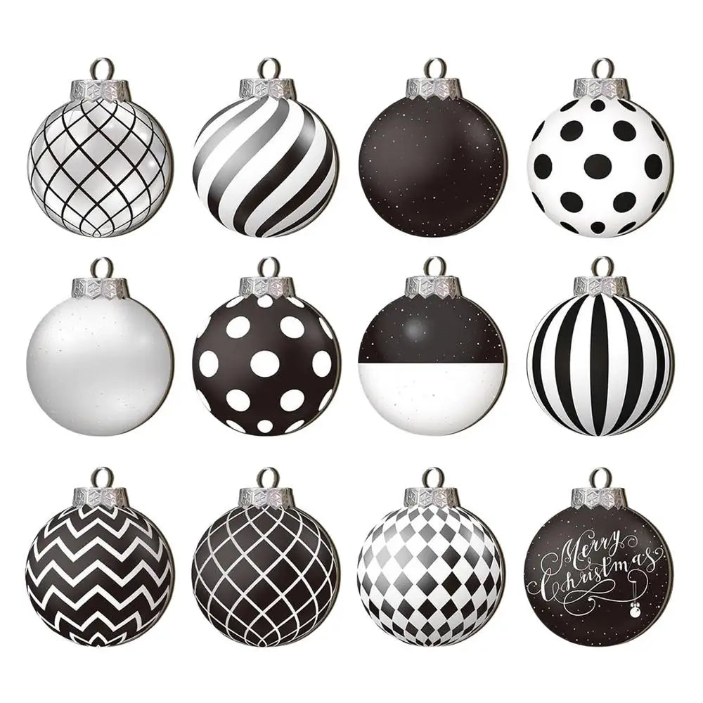 Lot de 12 boules de Noël plates 2D noires et blanches, décoration pour sapin de Noël, boules de Noël naines en bois, décoration intérieure, cadeau de Nouvel An