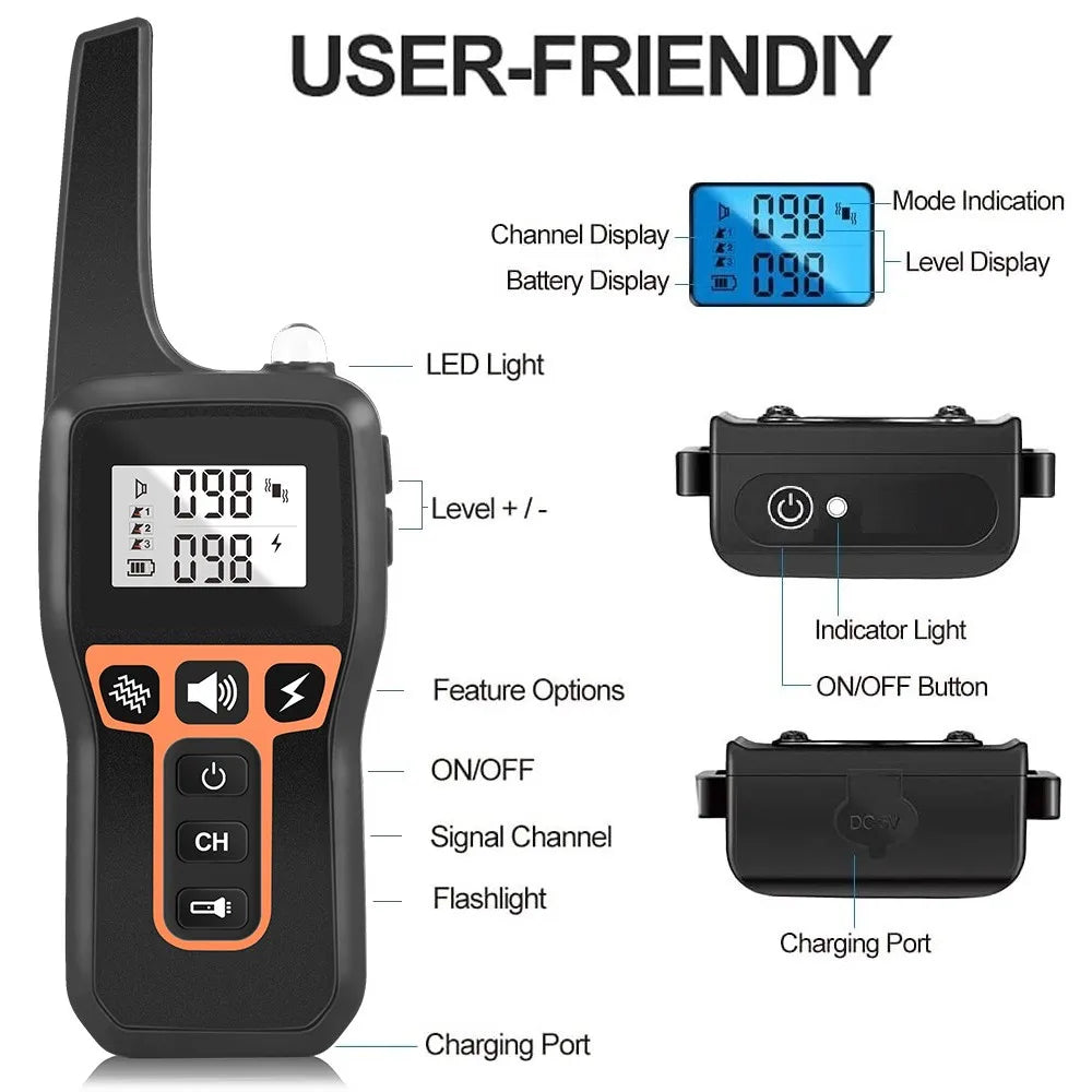 1000M Dog Training Collar IP67 Waterproof Rechargeable Long Standby Pet Training Sound Vibration Shock Collar Max for 3 Dogs 529