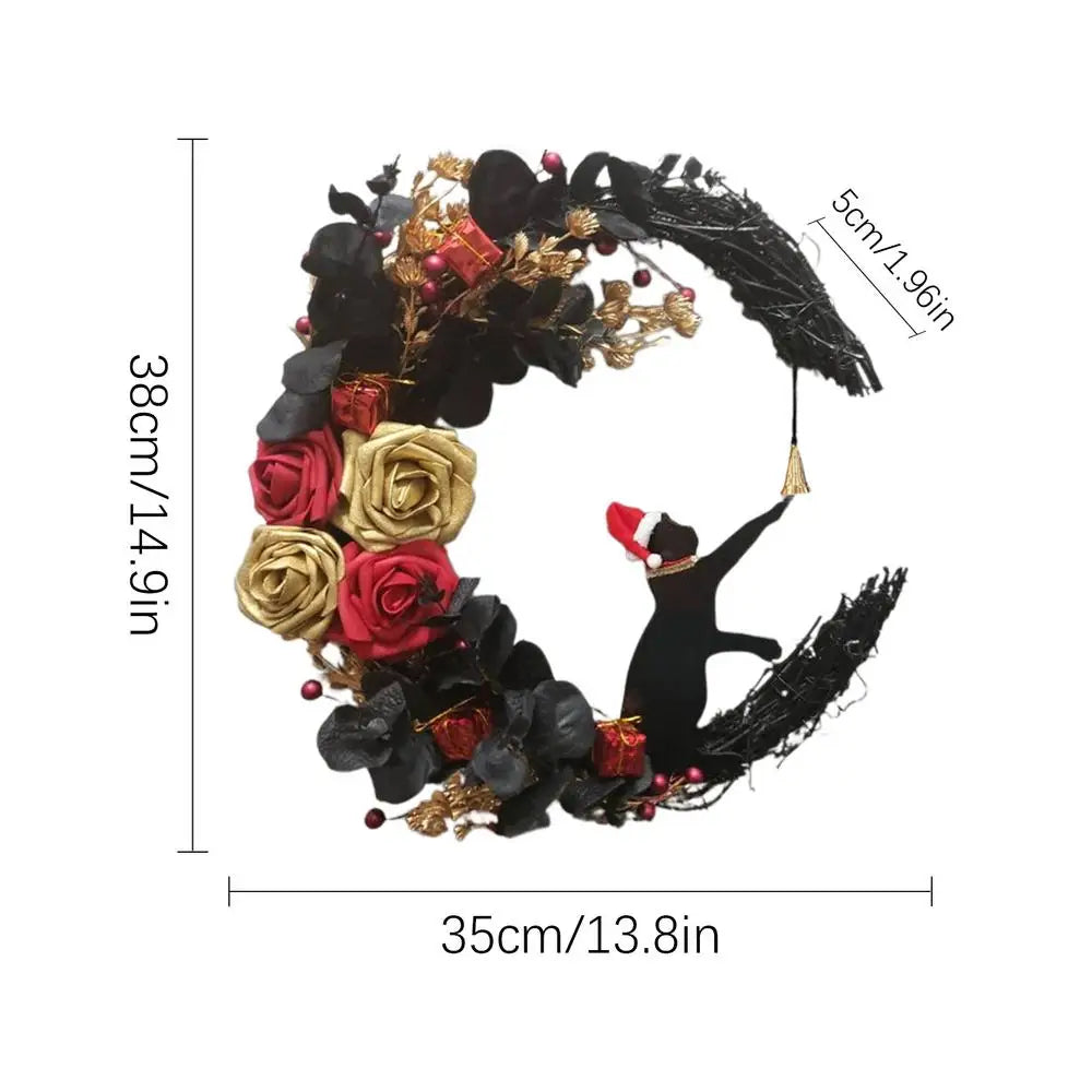 Nouvelles couronnes de Noël pour porte d'entrée, branches fleuries, décorations de Noël, couronne de lune d'Halloween avec chat noir