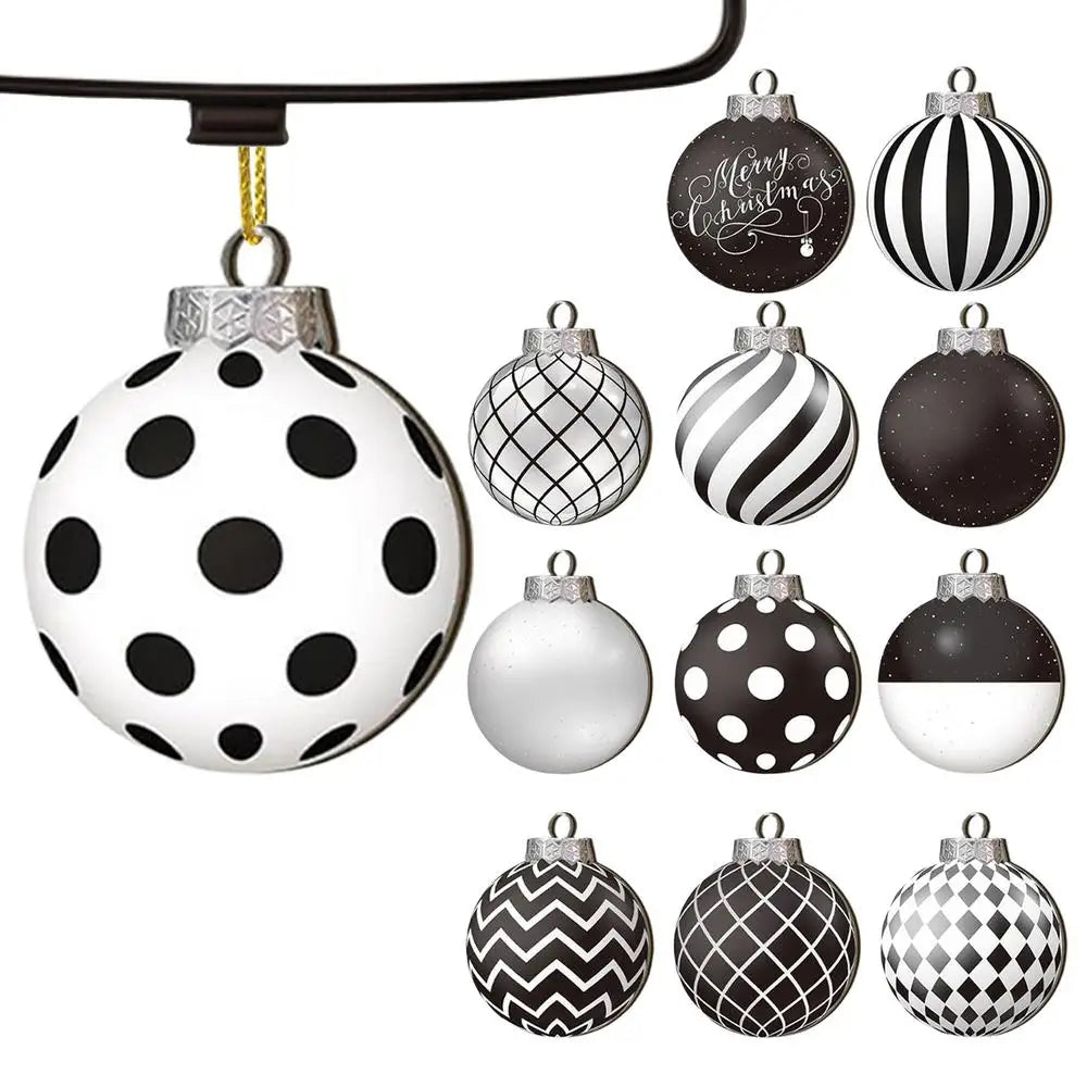 Lot de 12 boules de Noël plates 2D noires et blanches, décoration pour sapin de Noël, boules de Noël naines en bois, décoration intérieure, cadeau de Nouvel An