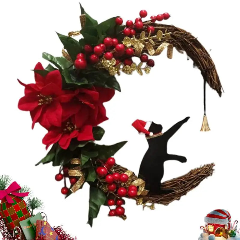 Nouvelles couronnes de Noël pour porte d'entrée, branches fleuries, décorations de Noël, couronne de lune d'Halloween avec chat noir