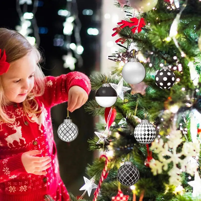 Lot de 12 boules de Noël plates 2D noires et blanches, décoration pour sapin de Noël, boules de Noël naines en bois, décoration intérieure, cadeau de Nouvel An