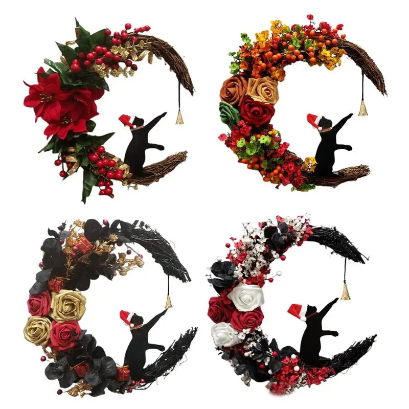Nouvelles couronnes de Noël pour porte d'entrée, branches fleuries, décorations de Noël, couronne de lune d'Halloween avec chat noir