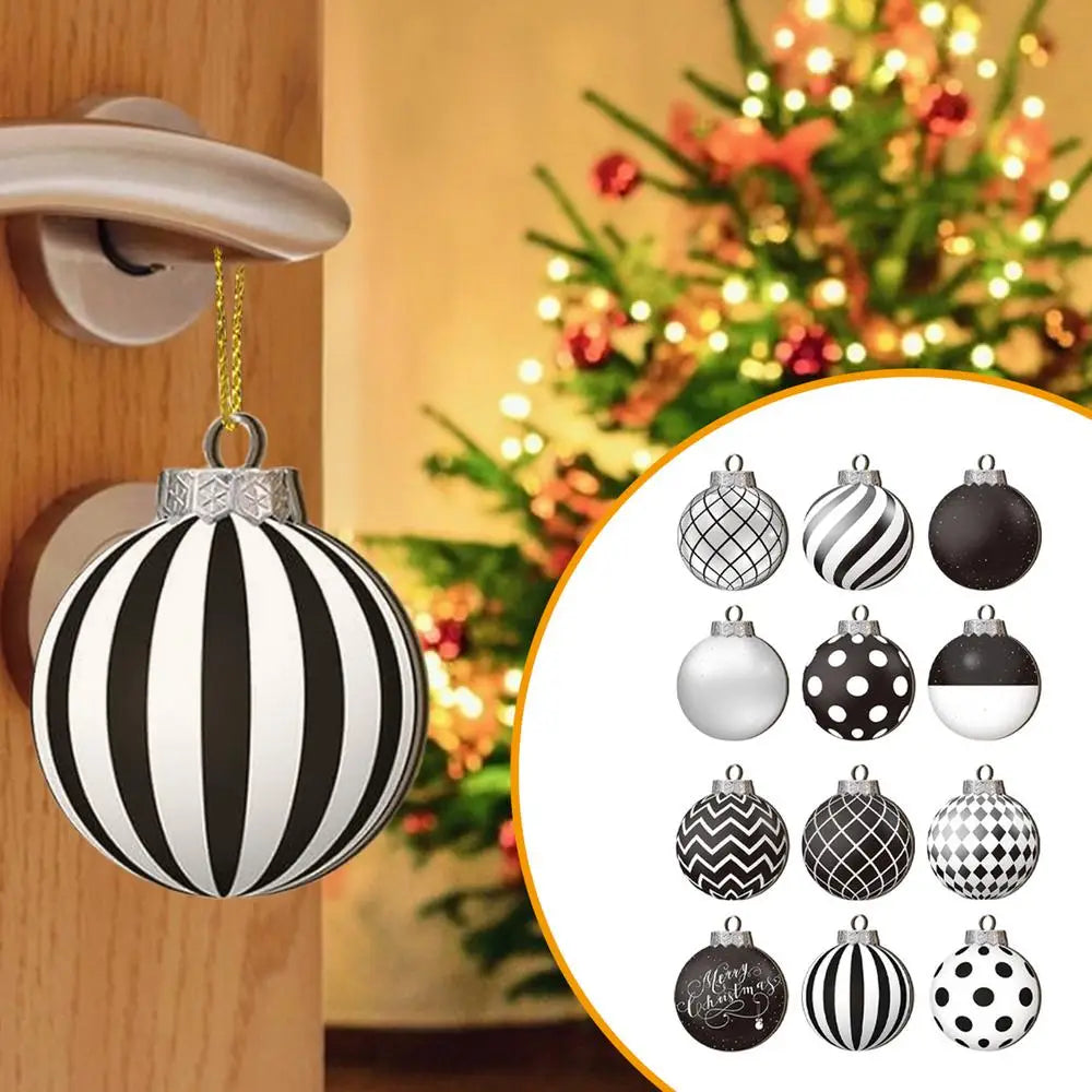 Lot de 12 boules de Noël plates 2D noires et blanches, décoration pour sapin de Noël, boules de Noël naines en bois, décoration intérieure, cadeau de Nouvel An
