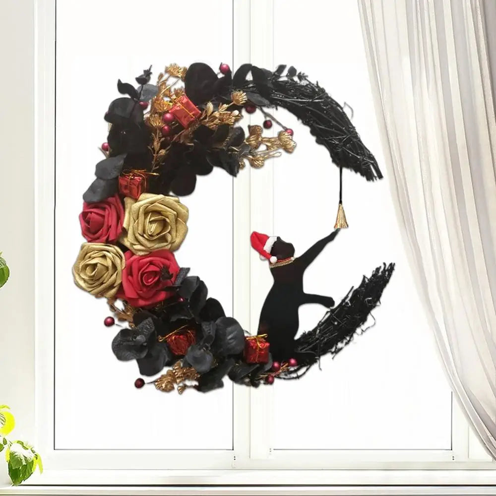 Nouvelles couronnes de Noël pour porte d'entrée, branches fleuries, décorations de Noël, couronne de lune d'Halloween avec chat noir
