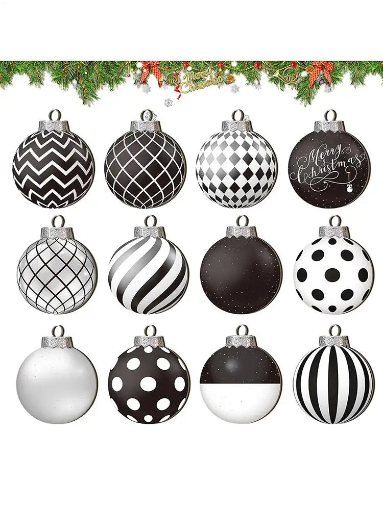 Lot de 12 boules de Noël plates 2D noires et blanches, décoration pour sapin de Noël, boules de Noël naines en bois, décoration intérieure, cadeau de Nouvel An