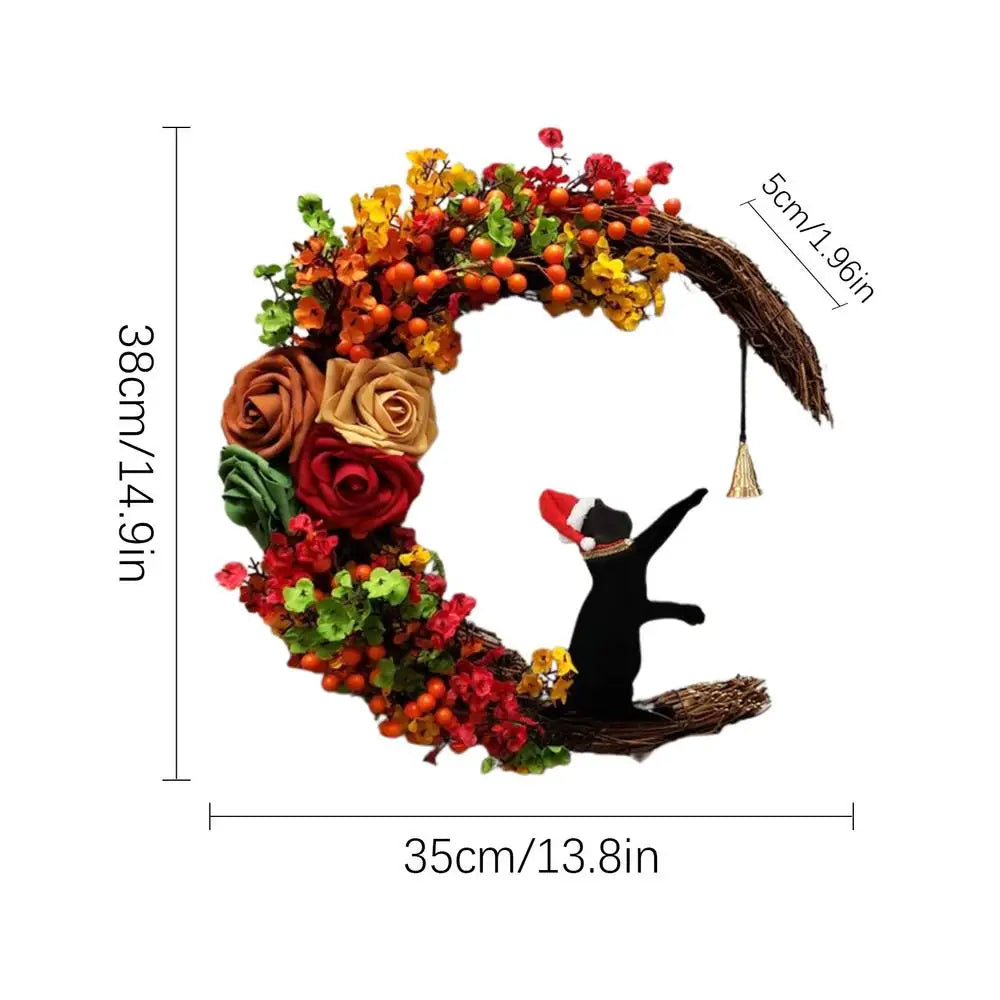 Nouvelles couronnes de Noël pour porte d'entrée, branches fleuries, décorations de Noël, couronne de lune d'Halloween avec chat noir