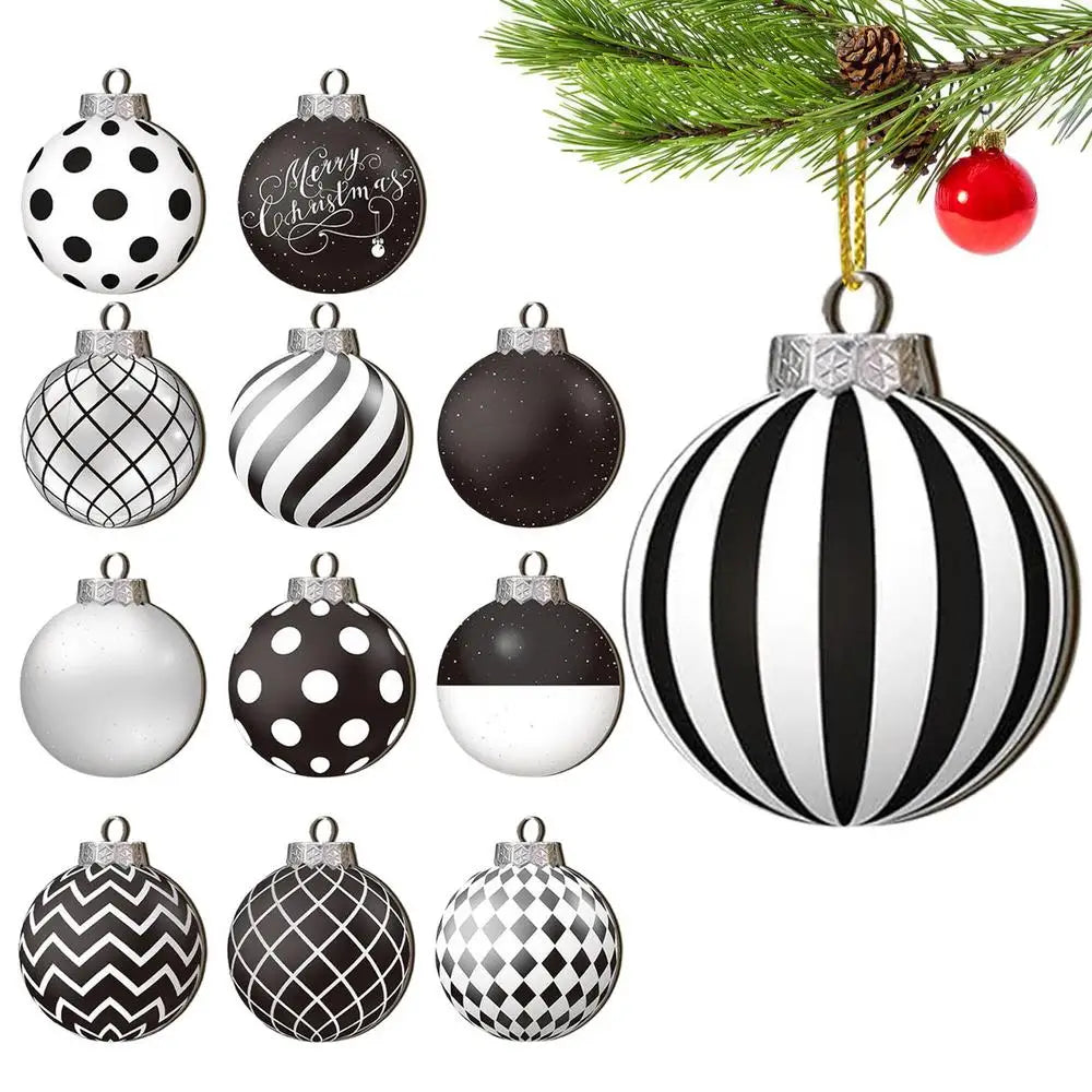 Lot de 12 boules de Noël plates 2D noires et blanches, décoration pour sapin de Noël, boules de Noël naines en bois, décoration intérieure, cadeau de Nouvel An
