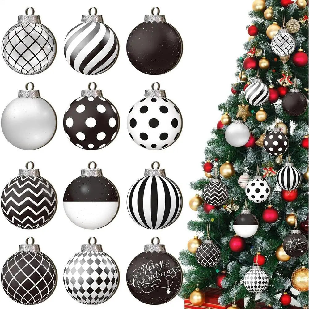 Lot de 12 boules de Noël plates 2D noires et blanches, décoration pour sapin de Noël, boules de Noël naines en bois, décoration intérieure, cadeau de Nouvel An