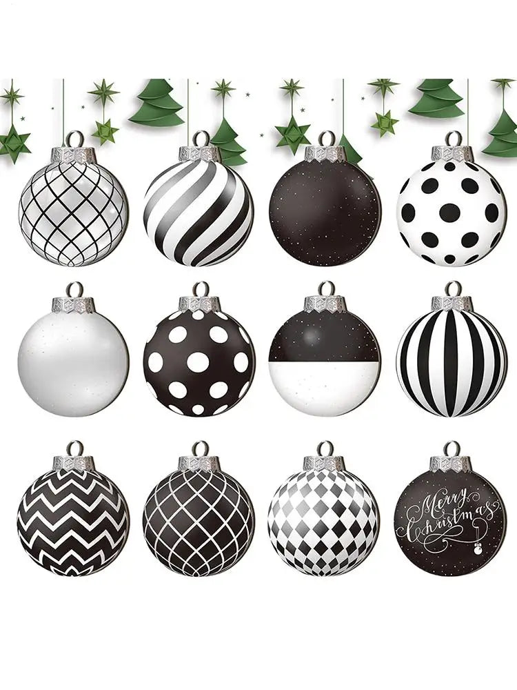 Lot de 12 boules de Noël plates 2D noires et blanches, décoration pour sapin de Noël, boules de Noël naines en bois, décoration intérieure, cadeau de Nouvel An