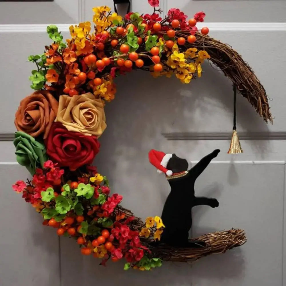 Nouvelles couronnes de Noël pour porte d'entrée, branches fleuries, décorations de Noël, couronne de lune d'Halloween avec chat noir