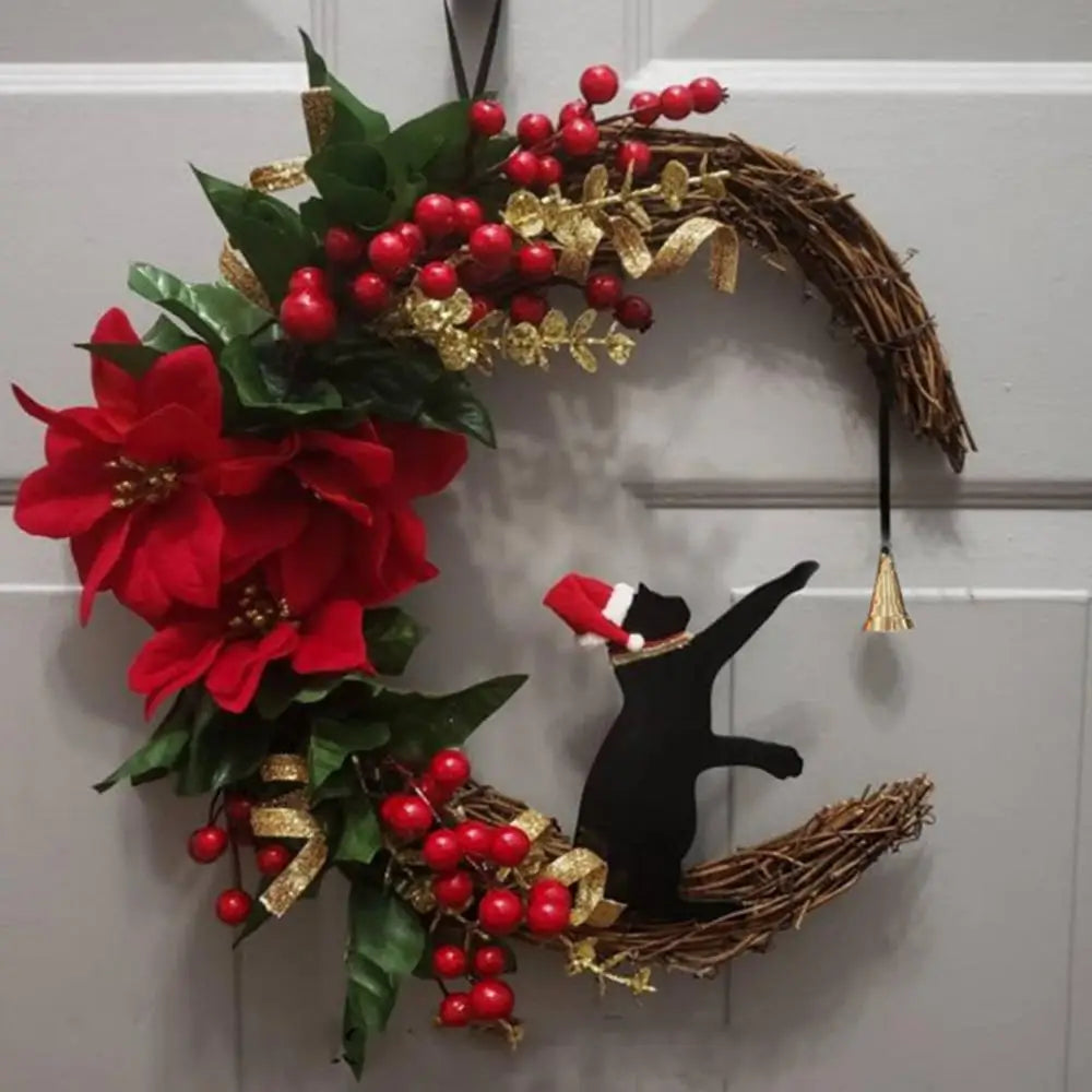 Nouvelles couronnes de Noël pour porte d'entrée, branches fleuries, décorations de Noël, couronne de lune d'Halloween avec chat noir