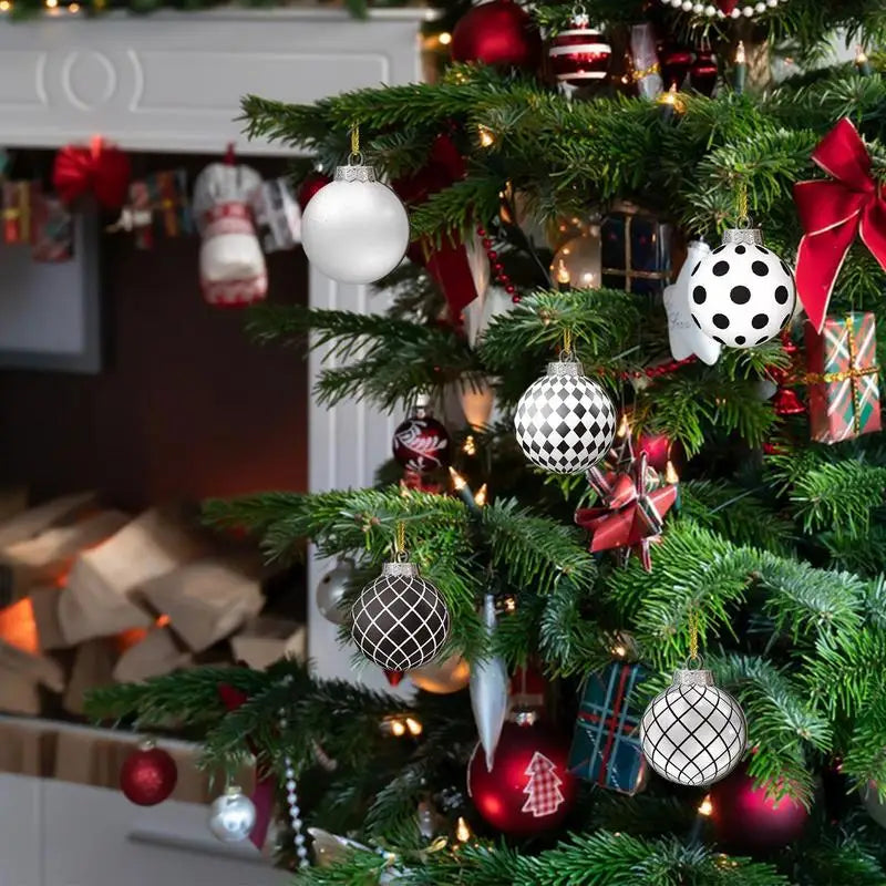 Lot de 12 boules de Noël plates 2D noires et blanches, décoration pour sapin de Noël, boules de Noël naines en bois, décoration intérieure, cadeau de Nouvel An