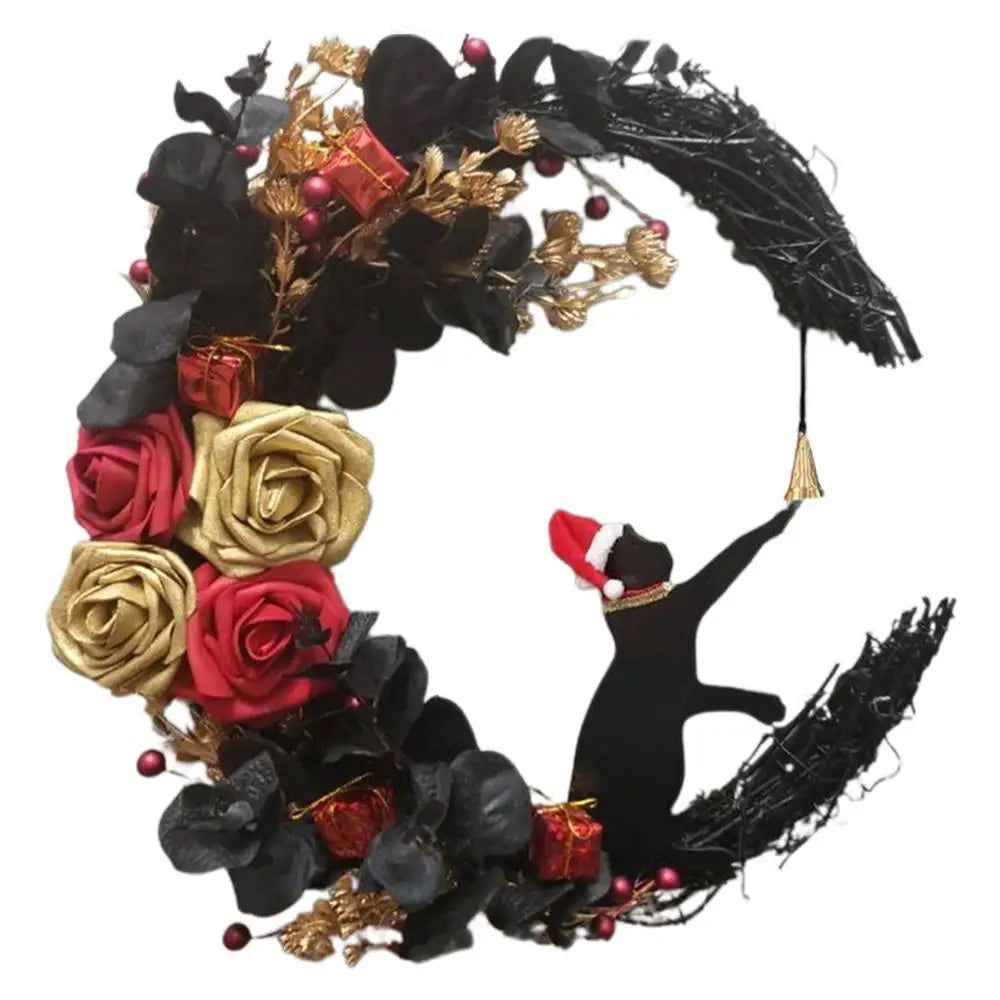 Nouvelles couronnes de Noël pour porte d'entrée, branches fleuries, décorations de Noël, couronne de lune d'Halloween avec chat noir