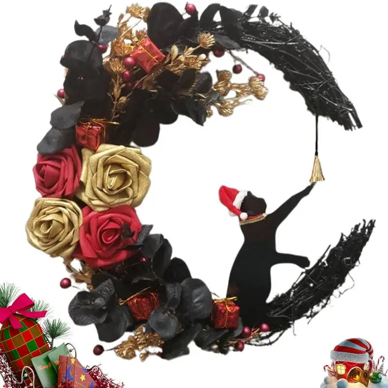 Nouvelles couronnes de Noël pour porte d'entrée, branches fleuries, décorations de Noël, couronne de lune d'Halloween avec chat noir
