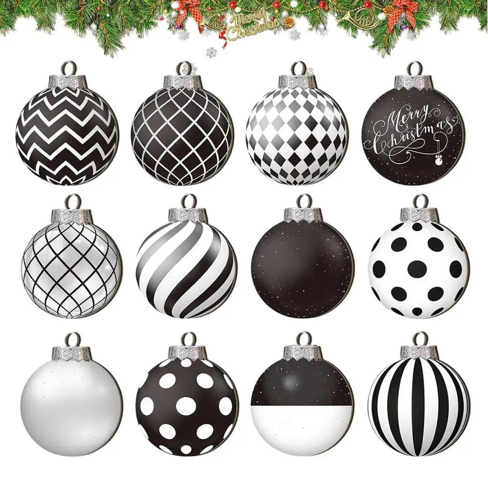 Lot de 12 boules de Noël plates 2D noires et blanches, décoration pour sapin de Noël, boules de Noël naines en bois, décoration intérieure, cadeau de Nouvel An