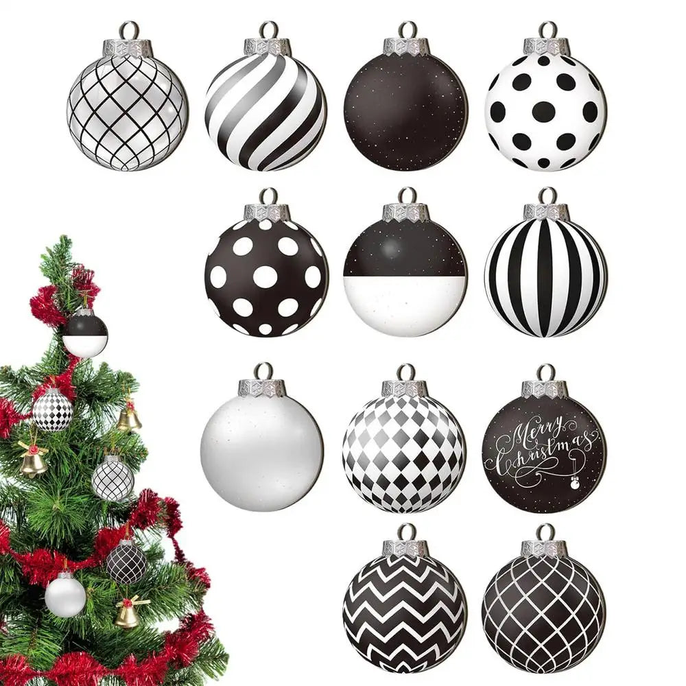 Lot de 12 boules de Noël plates 2D noires et blanches, décoration pour sapin de Noël, boules de Noël naines en bois, décoration intérieure, cadeau de Nouvel An