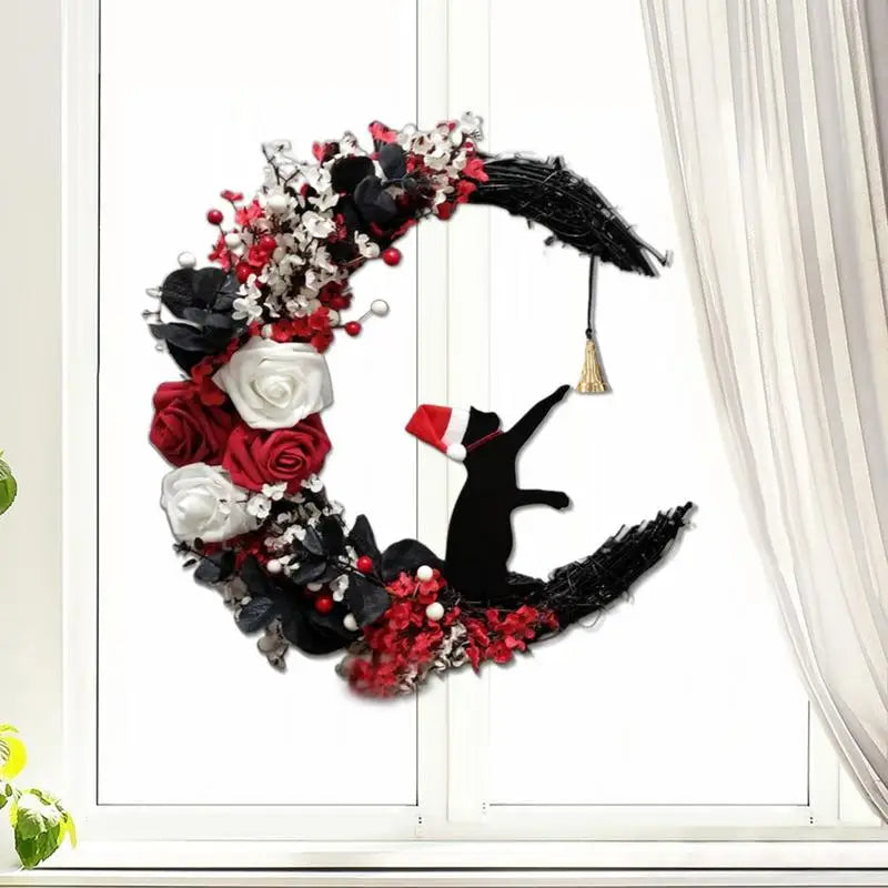 Nouvelles couronnes de Noël pour porte d'entrée, branches fleuries, décorations de Noël, couronne de lune d'Halloween avec chat noir