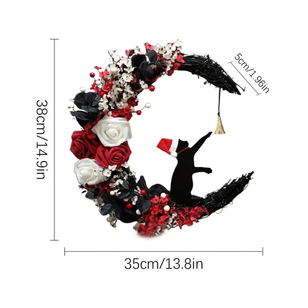 Nouvelles couronnes de Noël pour porte d'entrée, branches fleuries, décorations de Noël, couronne de lune d'Halloween avec chat noir