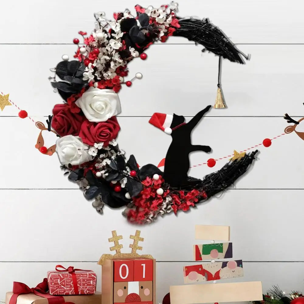 Nouvelles couronnes de Noël pour porte d'entrée, branches fleuries, décorations de Noël, couronne de lune d'Halloween avec chat noir