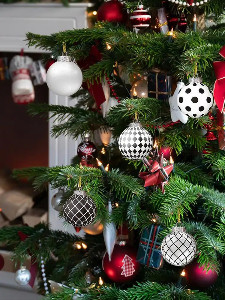 Lot de 12 boules de Noël plates 2D noires et blanches, décoration pour sapin de Noël, boules de Noël naines en bois, décoration intérieure, cadeau de Nouvel An