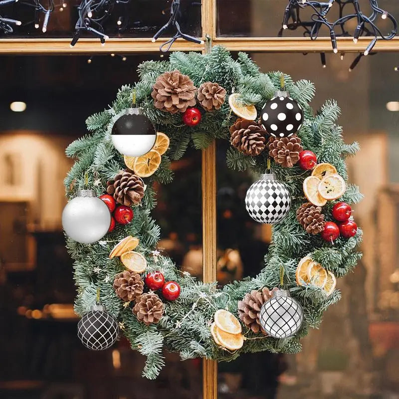 Lot de 12 boules de Noël plates 2D noires et blanches, décoration pour sapin de Noël, boules de Noël naines en bois, décoration intérieure, cadeau de Nouvel An