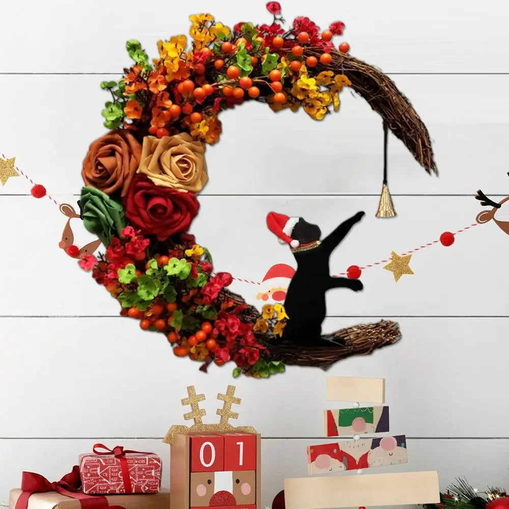 Nouvelles couronnes de Noël pour porte d'entrée, branches fleuries, décorations de Noël, couronne de lune d'Halloween avec chat noir