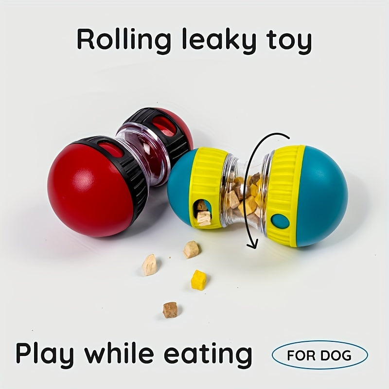 Rotating Rolling Slow Feeder Dog Toy - Interactive Treat Dispenser for Small Dogs, Durable Plastic Mental Stimulation Toy with Two Compartments, Blue & Yellow Design, No Batteries Needed, Interactive Dog Toy, Mental Enrichmen