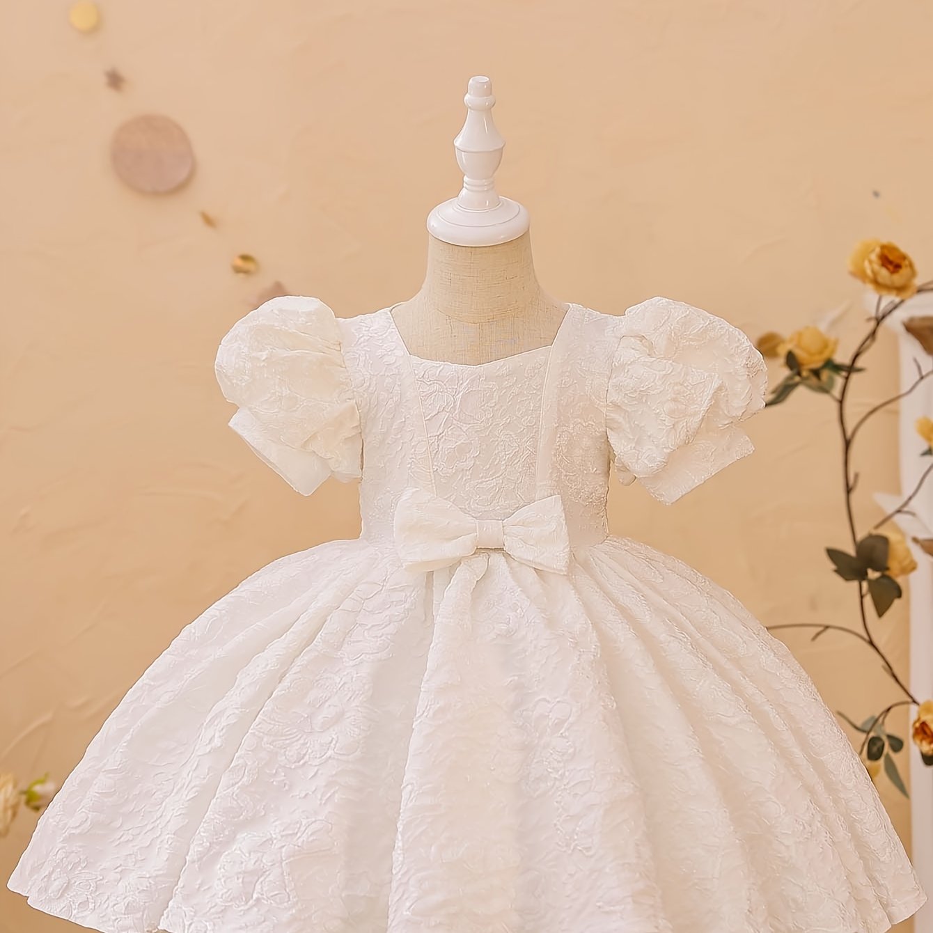 Robe de princesse élégante à col en V pour filles - Toutes saisons, manches lanternes, ourlet évasé et joli nœud, parfaite pour les fêtes, les concours de beauté et les anniversaires