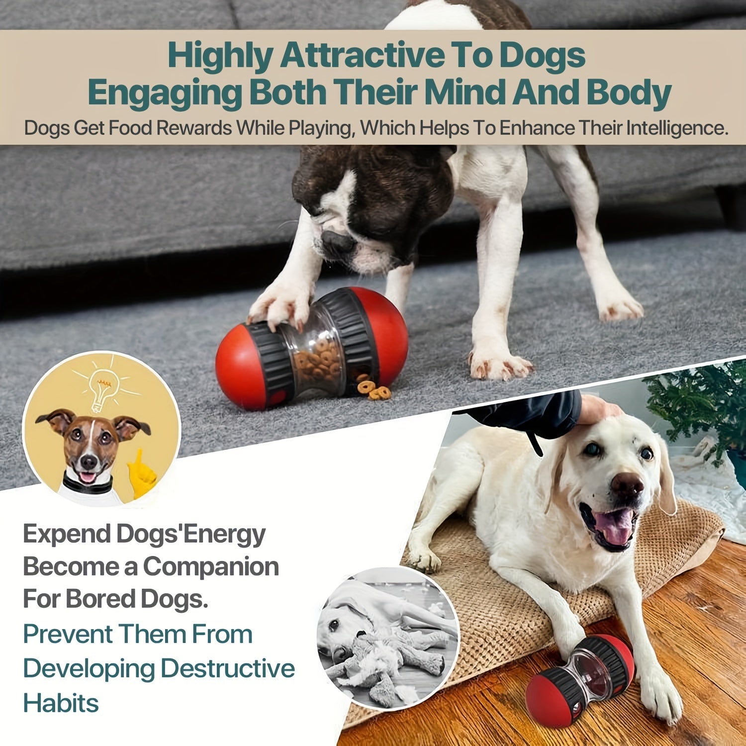 Rotating Rolling Slow Feeder Dog Toy - Interactive Treat Dispenser for Small Dogs, Durable Plastic Mental Stimulation Toy with Two Compartments, Blue & Yellow Design, No Batteries Needed, Interactive Dog Toy, Mental Enrichmen